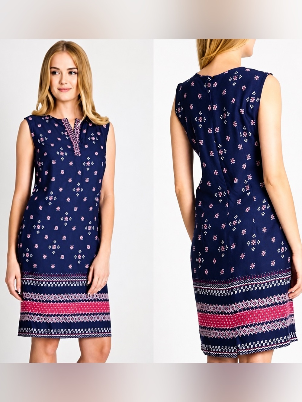 Talbots Border Print Midi Dress Small Blue Sleeveless Cotton Americana Boho